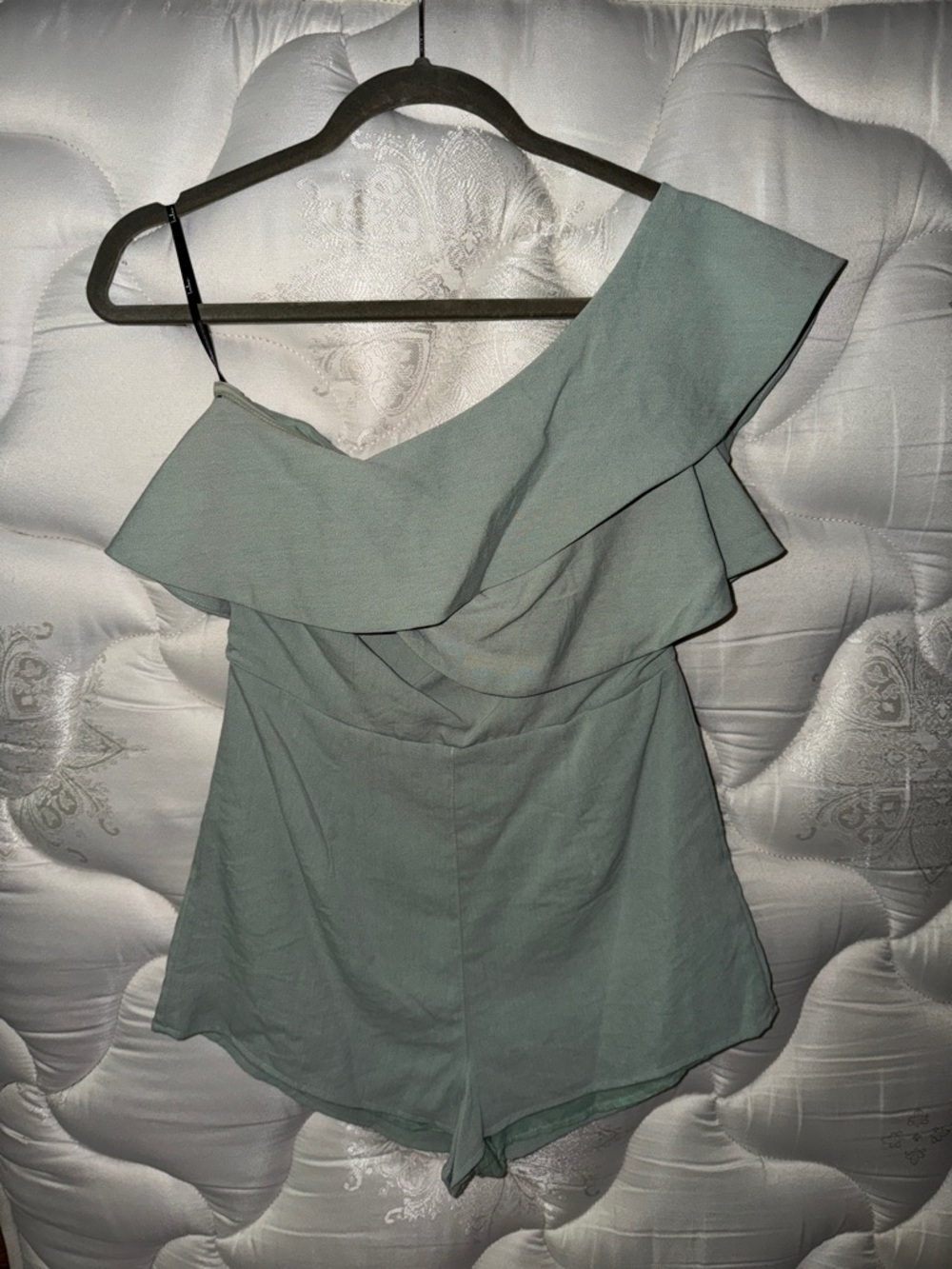 Lulu's One-Shoulder Ruffle Romper in Sage